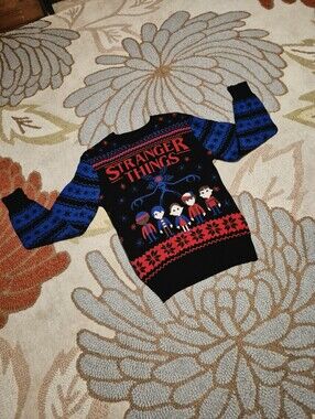 Stranger Things Red, Blue & Black Holiday Knit Sweater Womens Size Medium